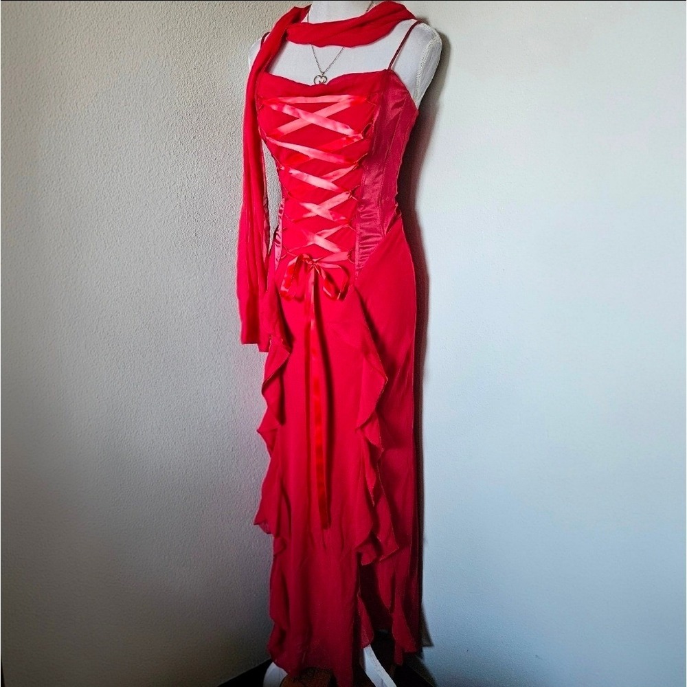 Fiesta Red Corset Ruffle Formal Gown Dress with Scarf Y2K Prom